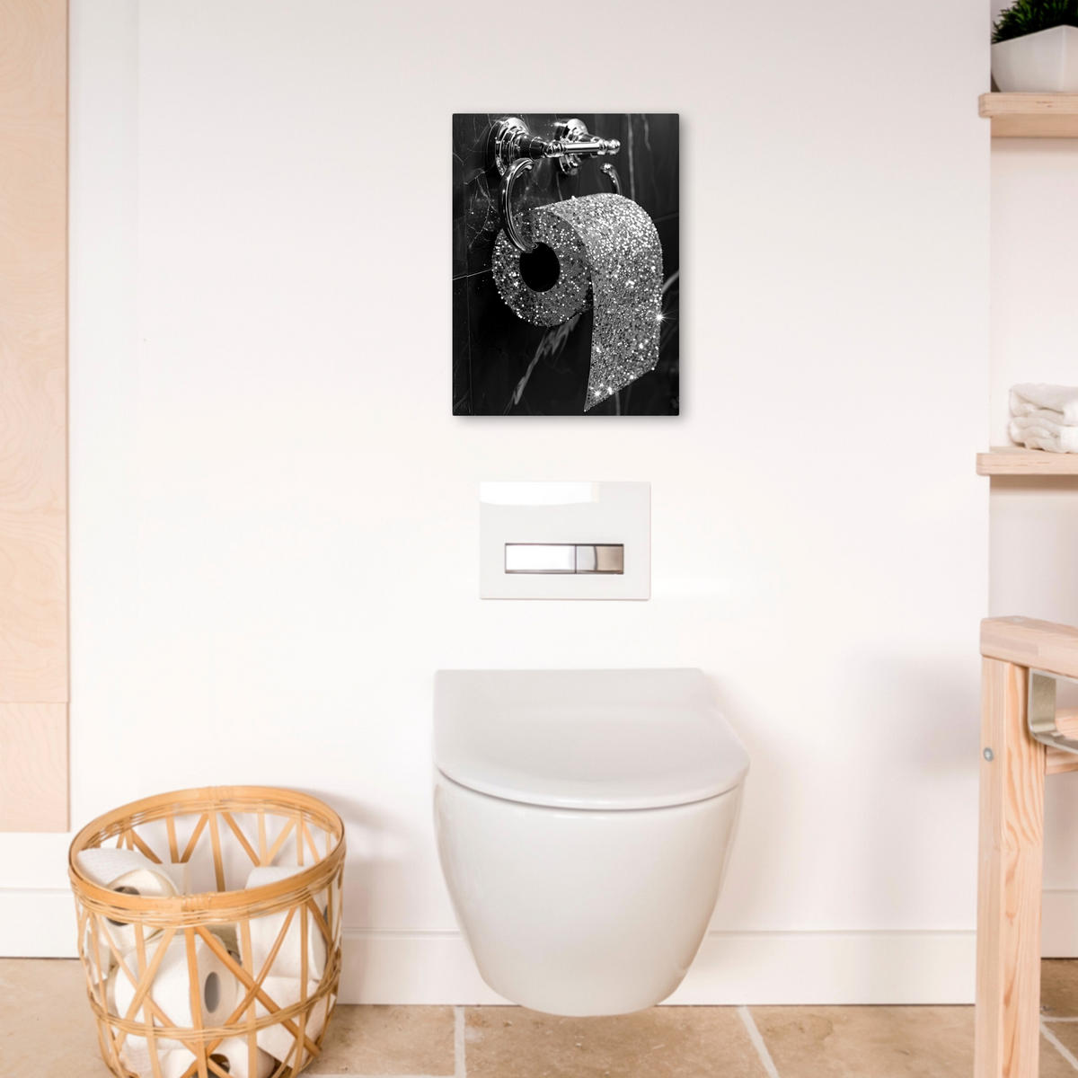 LEINWANDBILD WC - Toilettenpapier - Schwarz und weiß - Glitter 30x40 cm - Silberfarben, Textil (30/40cm) - MuchoWow