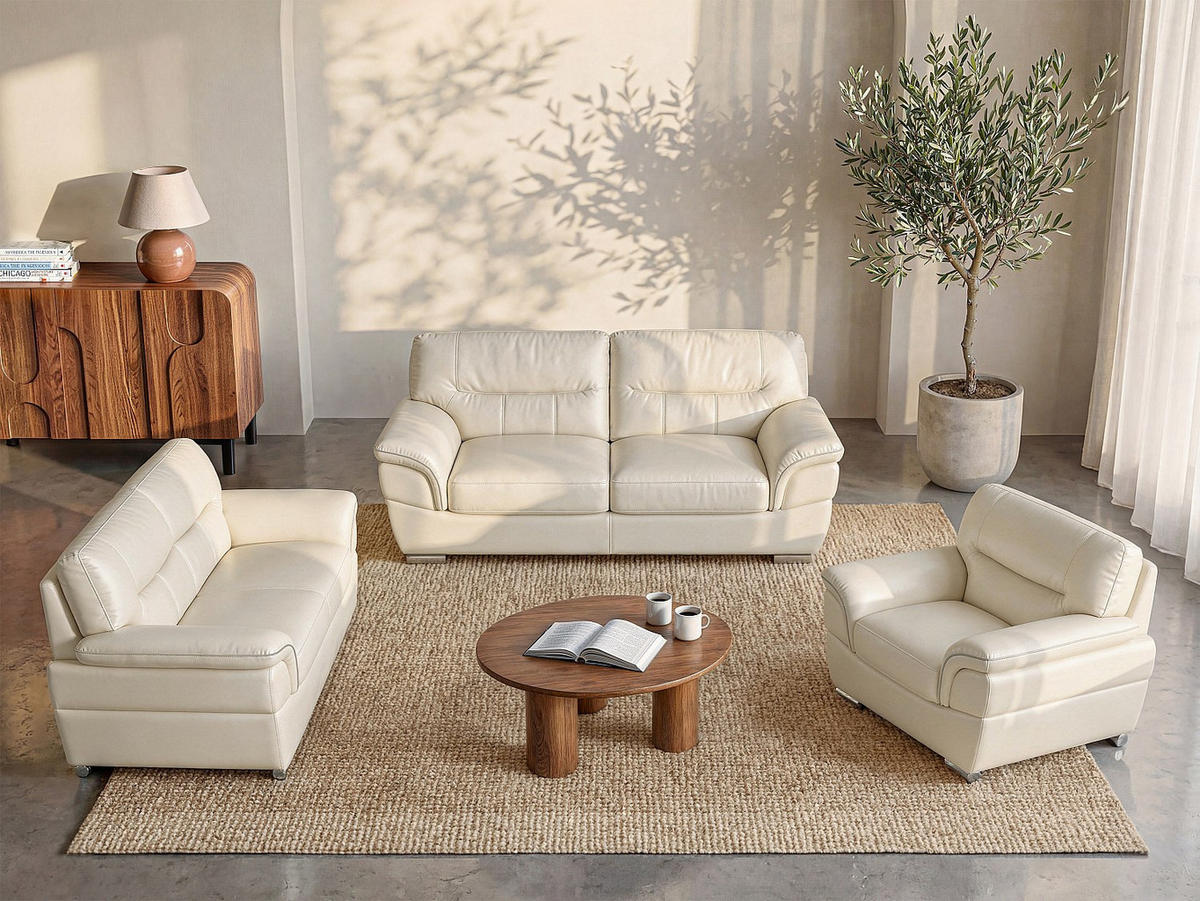 COUCHGARNITUR mit Sessel - 6 Personen - leder - elfenbeinfarben Thibault - Weiß, Leder (115/87/93cm) - Vente-Unique