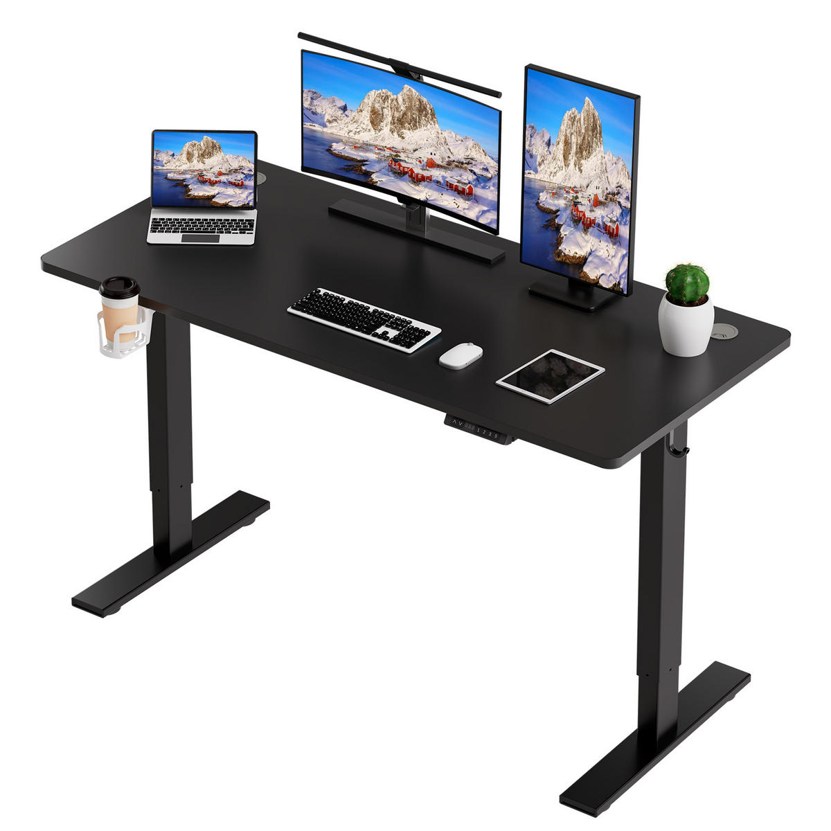 SCHREIBTISCH elektrisch höhenverstellbarer 60 x 120 cm, mit USB-A- und Type-C-Ladeanschlüssen, mit Memory- und Kollisionsschutzfunktion - Schwarz, Metall (120/60/120cm) - HOMAVO