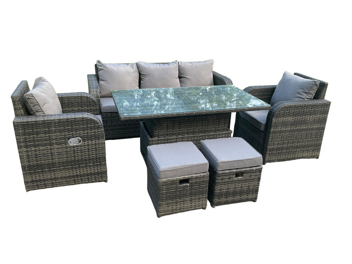 GARTENMÖBELSET mit Couchtisch Polyrattan 7-Sitzer - Dunkelgrau/Grau, Glas/Kunststoff - Fimous