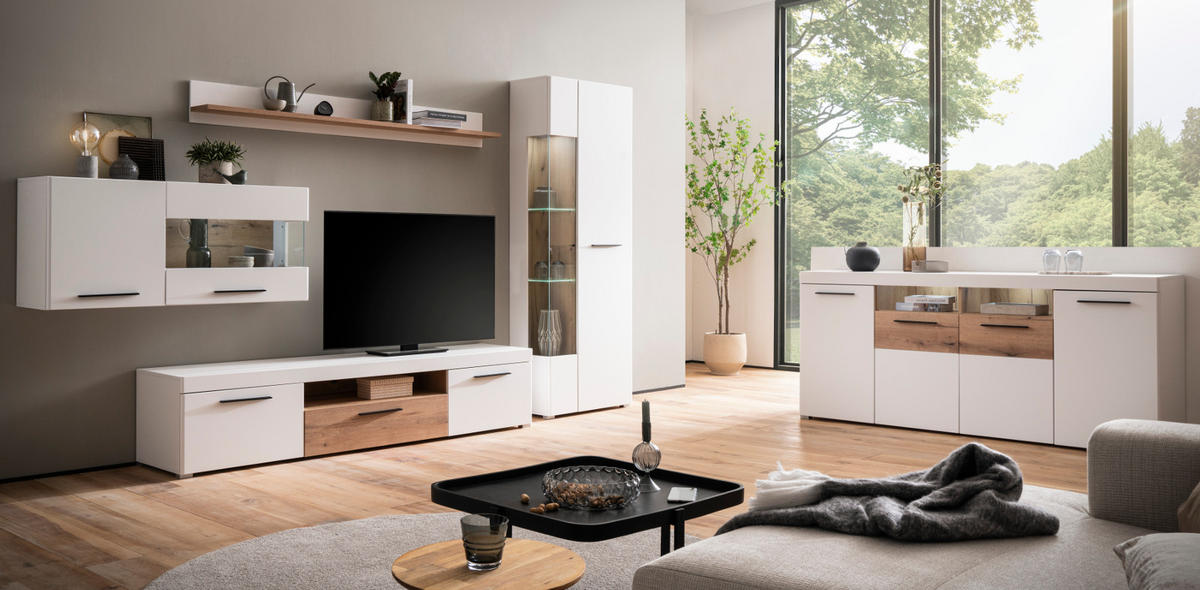 WOHNWAND weiß matt, Evoke Eiche, Wohnkombination 4-teilig, Soft-Close-Funktion - Eichefarben/Silberfarben, Glas/Holzwerkstoff (327/200/45cm)