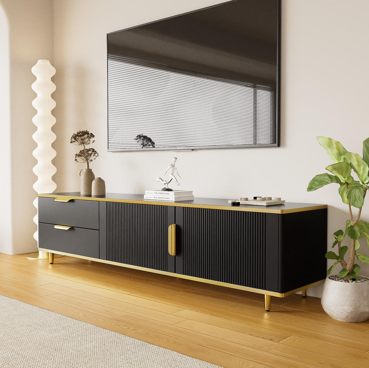 TV-LOWBOARD in Schwarz mit Golddetails, 2 Schubladen und 2 Türen 170/37/45 cm - Schwarz, Holzwerkstoff (170/45/37cm) - Redom