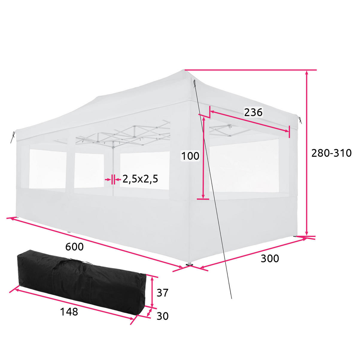 PAVILLON Viola,inklusive Spannseile, Heringe und Tragetasche,weiß - Weiß, Kunststoff (300/280/600cm) - tectake