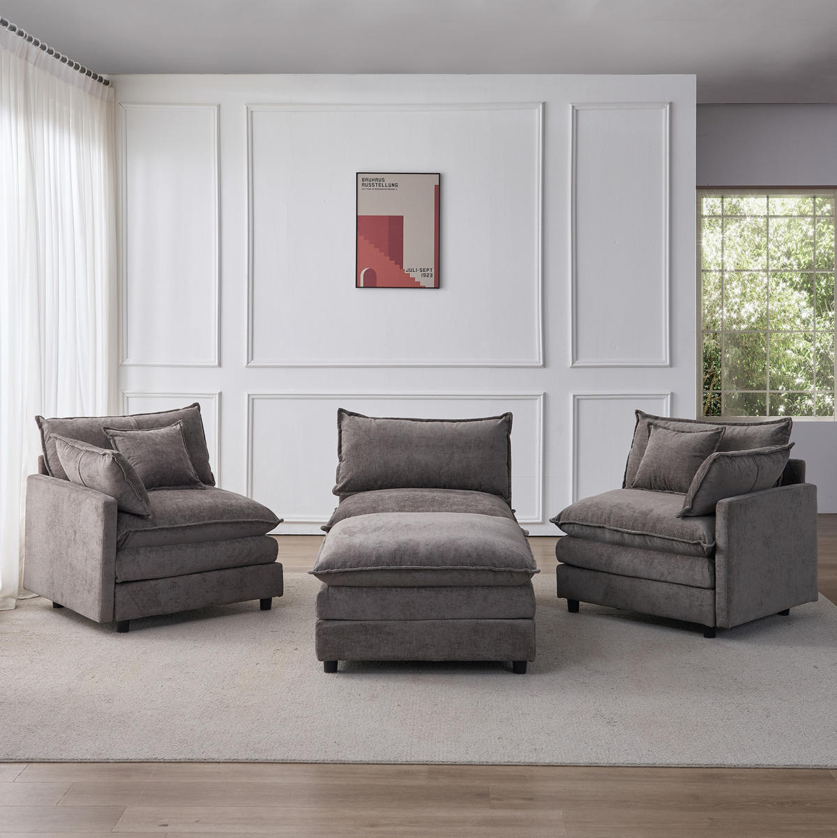ECKSOFA modular 3-Sitzer Chenille Grey mit Hocker - Grau, Textil (154/267cm) - Meubliv