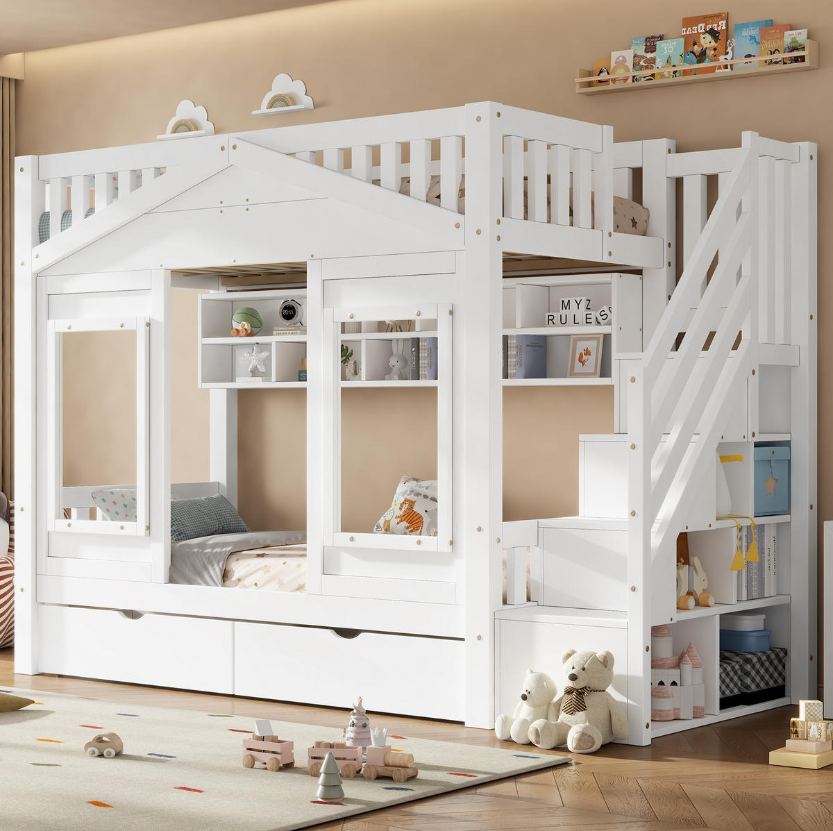 KINDERHOCHBETT 90x200 cm in Weiß mit Stauraumtreppe und Schublade - Weiß, Holz (90/200cm) - IVMEU