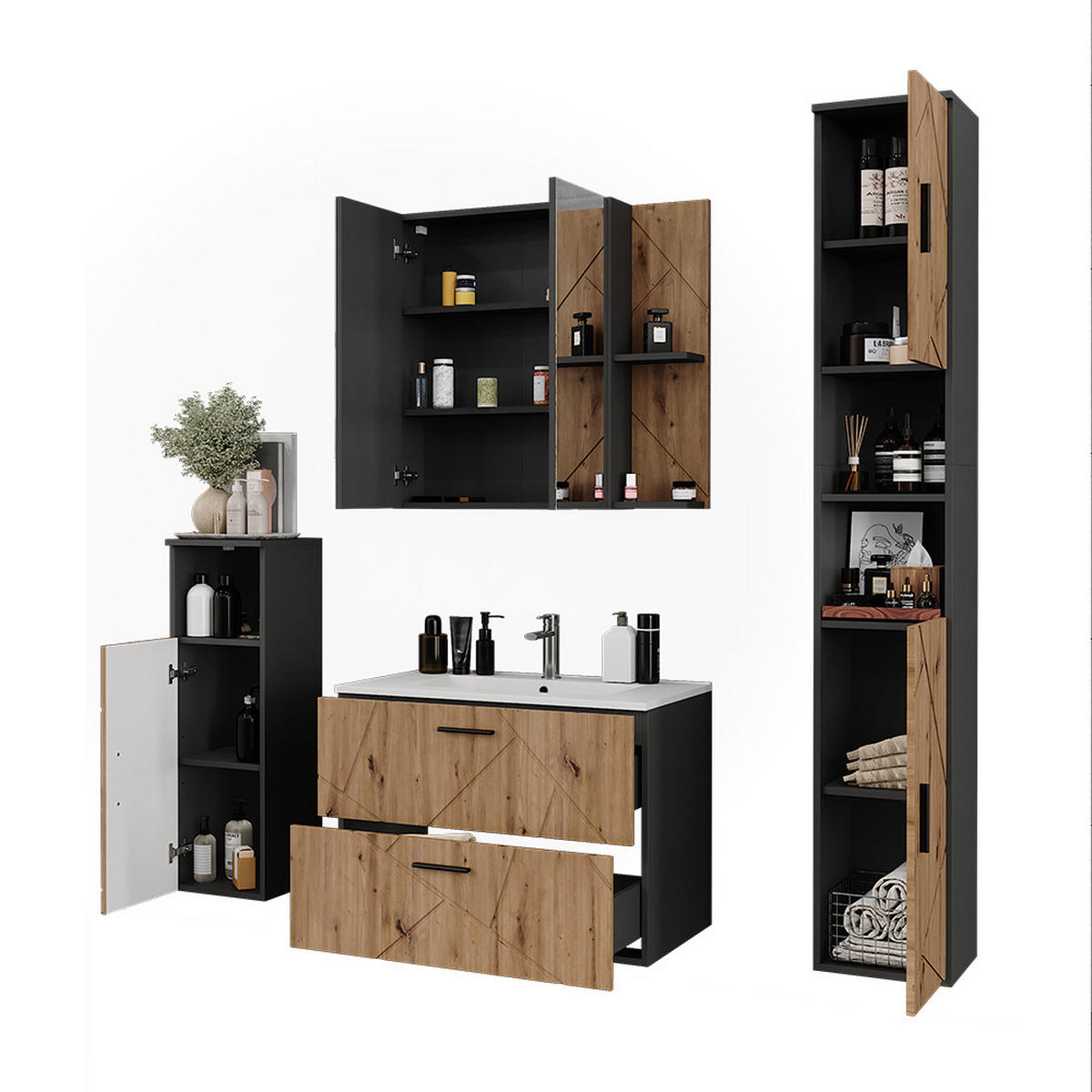 BADMÖBEL-SET Irma Anthrazit/Artisan 5 Teile - Anthrazit/Hellgrau, Holzwerkstoff (80/57/44.6cm) - Vicco