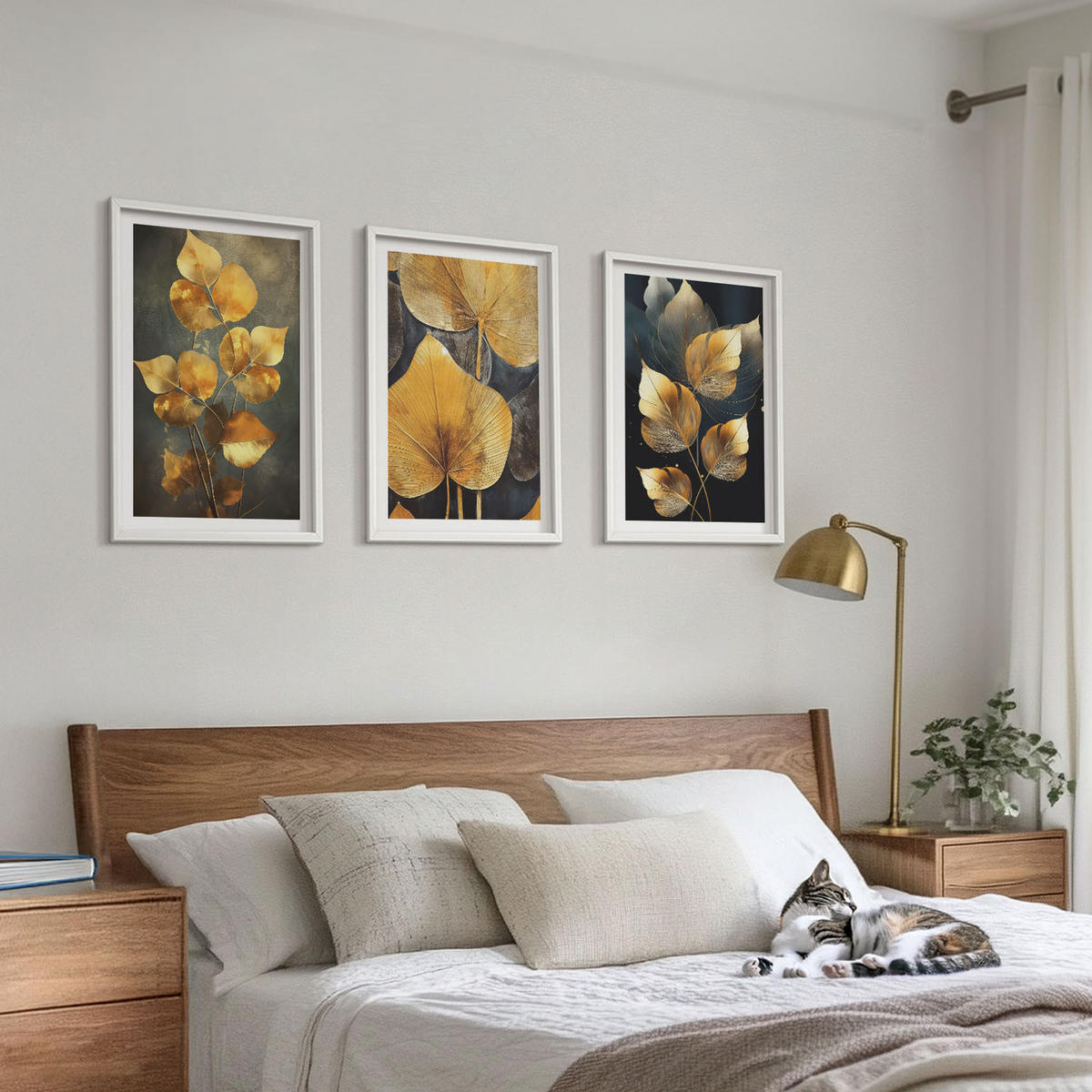 BILDER SET 3er Set - 40x60 cm Weißer Rahmen - Gelbe Blätter auf dunklem Hintergrund - Weiß, Kunststoff (40/60cm) - TULUP