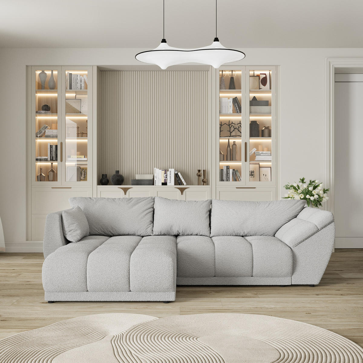 ECKSOFA ORENTI L-S Hellgrau Boucle-Stoff mit Schlaffunktion - Hellgrau, Holz (287/182cm) - MASSENO