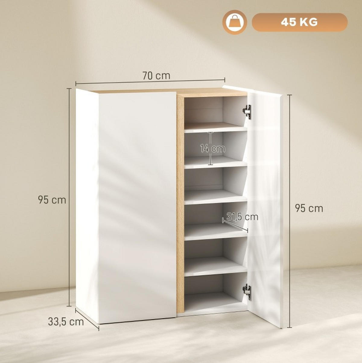 SCHUHSCHRANK mit Soft-Close, 6 Ebenen, griffloses Design und verstellbaren Regalen, Weiß - Weiß, Holz (70/95/35cm) - Redom
