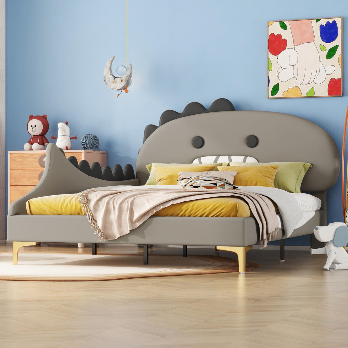 KINDERBETT 140/200 cm aus PU mit Dinosaurier-Kopfteil Grau - Grau, Leder (140/200cm) - Modenvie