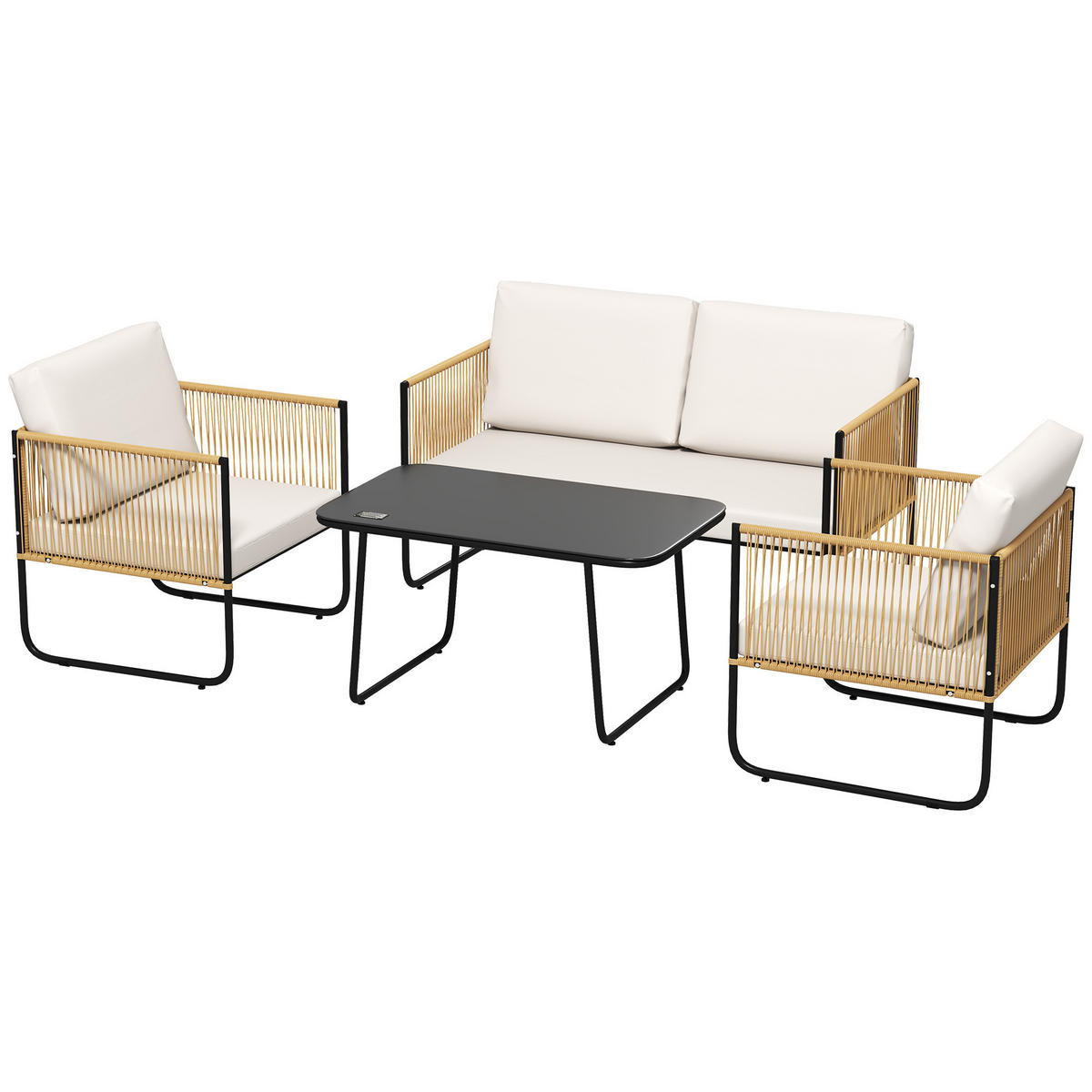 GARTENSET DE-13620 4-teilig mit Glastisch & Kissen Creme - Creme, Kunststoff/Metall - ComfortXL