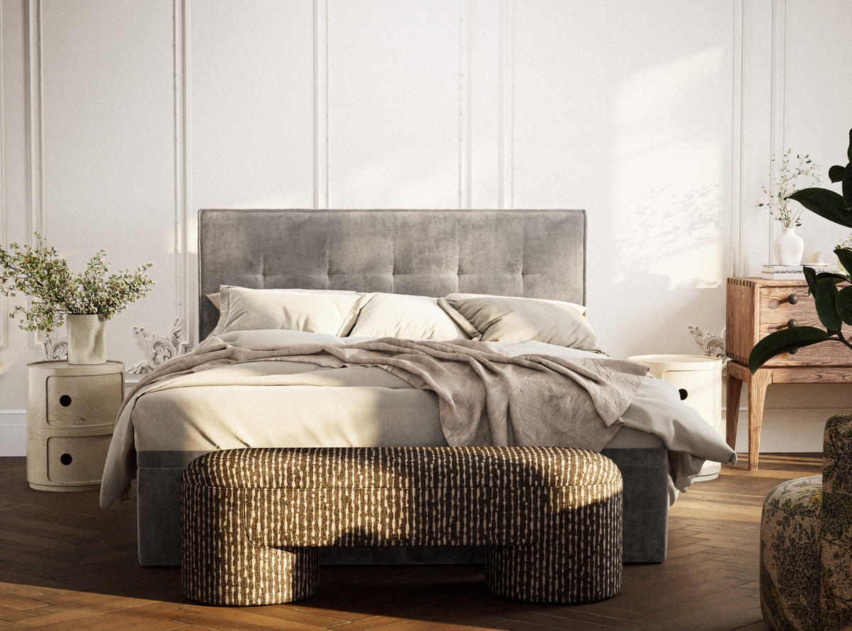 BOXBETT 140/200 cm Comfrey, in Beige, Matratze, gepolstertes Kopfteil, Bettkasten, H3 = fest - Beige/Schwarz, Holz/Holzwerkstoff (140/200cm) - Maison de Reve