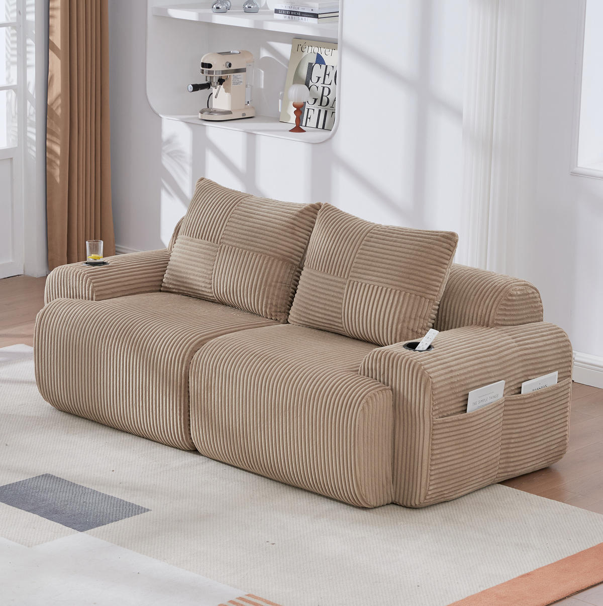 2-SITZER Sofa Cord mit Getränkehalter und Seitentasche 200/99/80 cm Sandfarben - Sandfarben, Textil (99/80/200cm) - Redom