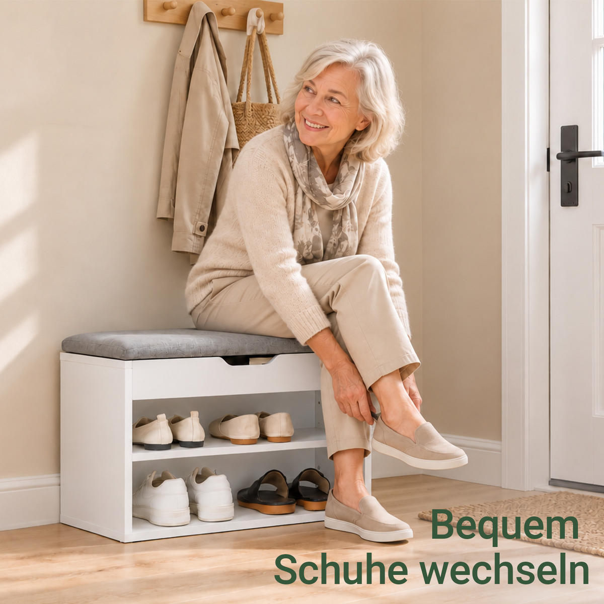 SITZBANK mit Stauraum, 60x30x44 cm, gepolstert, bis 120 kg, offene Fächer & Staufach oben, für Flur, Schlafzimmer & Wohnzimmer - Grau, Holzwerkstoff (60/44/30cm) - SoBuy