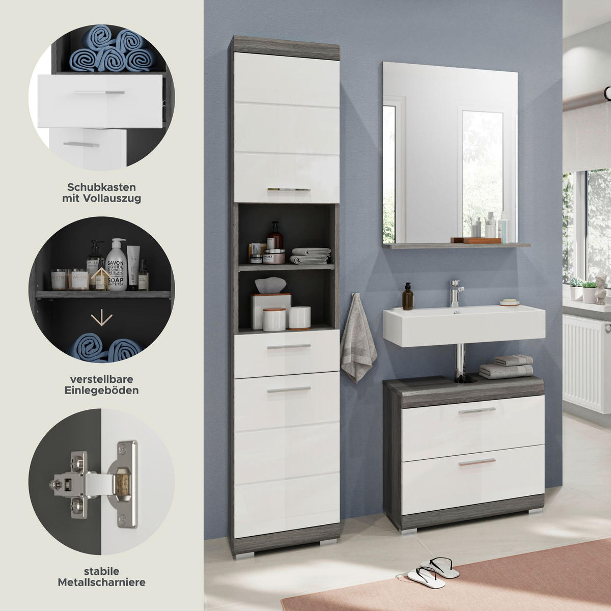 BADKOMBINATION 3tlg. Scout Bad in Rauchsilber Nachbildung und weiß hochglanz B/H/T: 112x191x34 cm - Anthrazit, Holz (112/191/37cm)