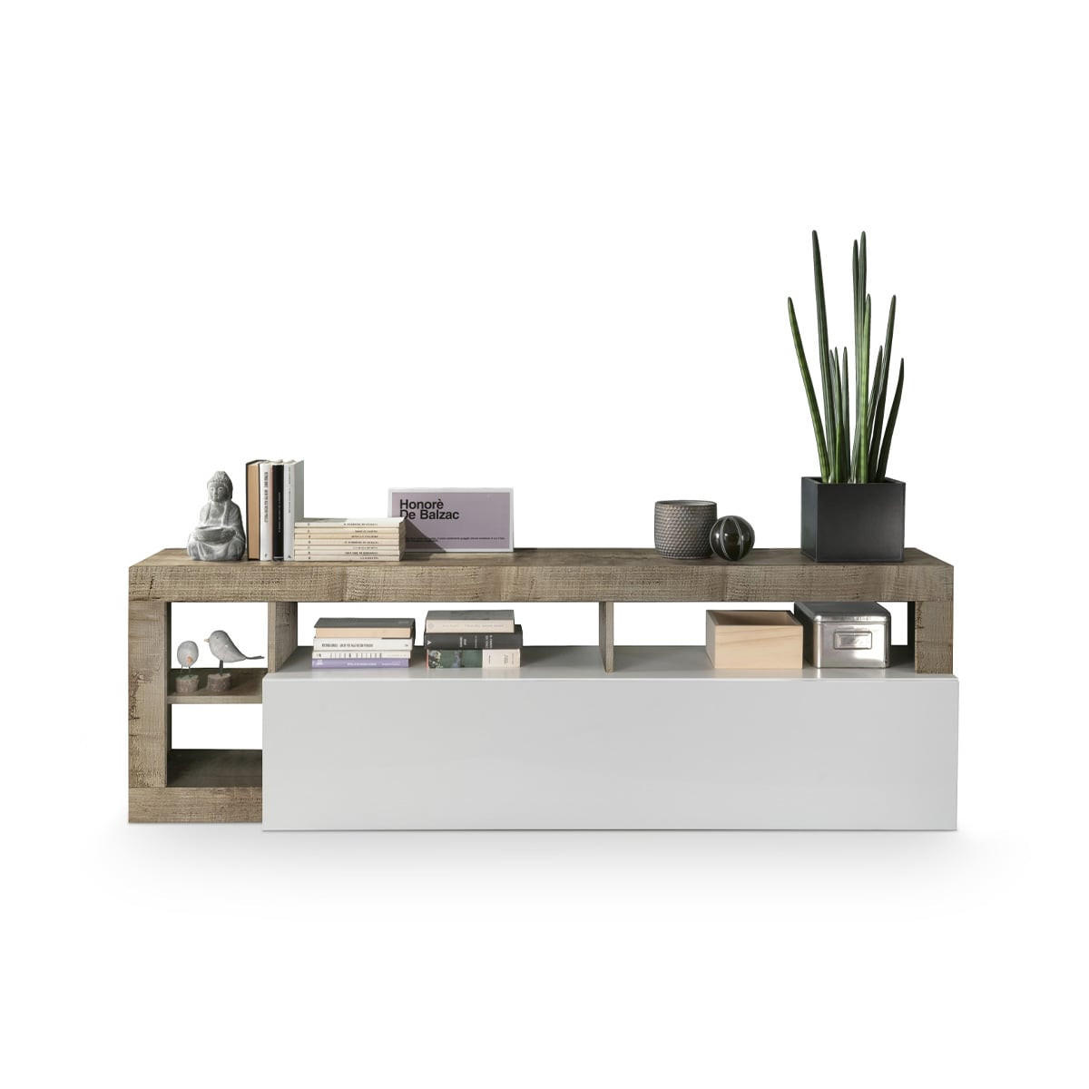 TV-MÖBEL mit 1 Tür & 4 Ablagen - Weiß lackiert & Eichefarben - SEFRO - Naturfarben, Holz (42/58/184cm) - Vente-Unique