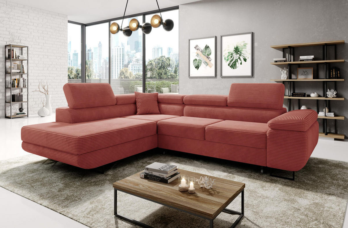 ECKSOFA ASTORP, Sofa aus Cord Rot - Poso 29 - Koralle/Silberfarben, Textil/Metall (203/277cm) - Moderno Meble