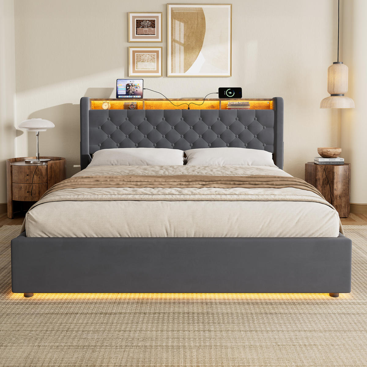 POLSTERBETT 160/200 cm Samt‑Bezug, Stauraumbett mit Ablage‑Kopfteil und Seilzug‑Öffnung, Dunkelgrau - Dunkelgrau, Textil (160/200cm) - OKMYHOME