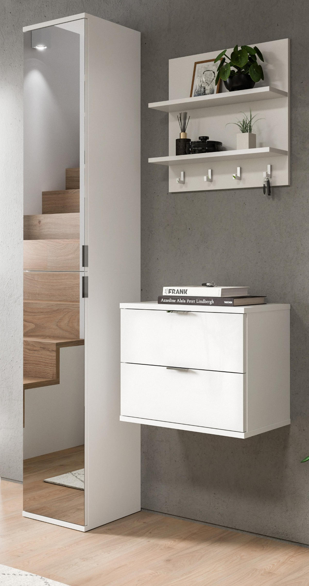 GARDEROBE Set 3-teilig weiß Hochglanz 97 cm, Komplettset mit Spiegel - Chromfarben/Weiß Hochglanz, Glas/Holzwerkstoff (97/193/34cm) - Inn.Furn