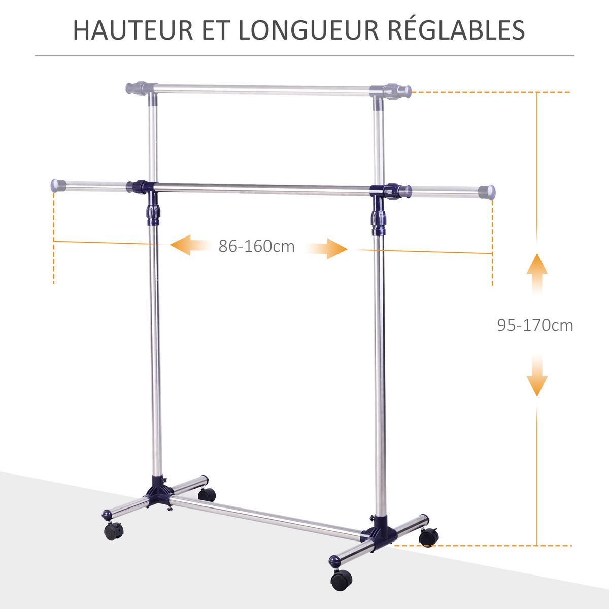 KLEIDERSTÄNDER mit Rollen 86/45/95 cm silber - Silberfarben, Metall (86/95/45cm)