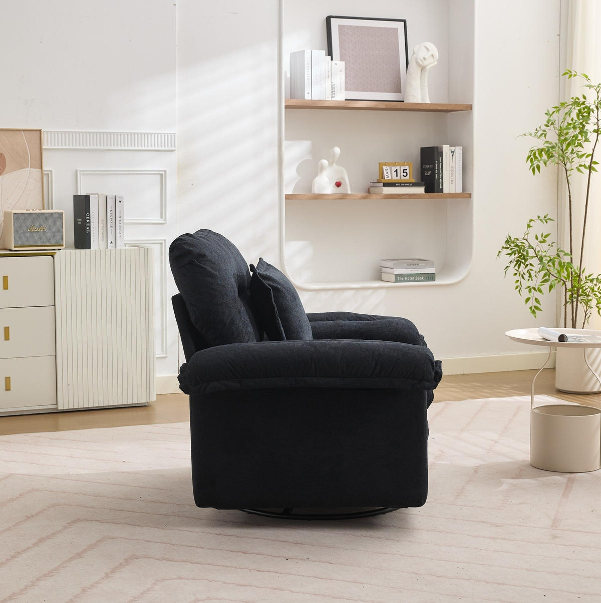 DREHSESSEL mit Chenillebezug und 360°-Drehfunktion – bis 136 kg belastbar - Schwarz, Textil (84/96/116cm) - BEAOK