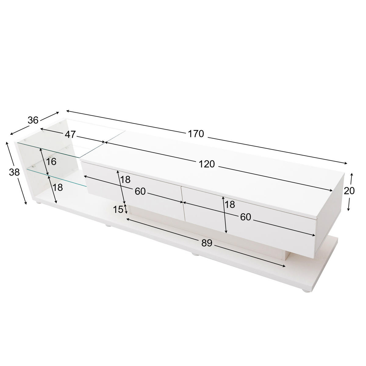 TV-SCHRANK in Weiß Hochglanz mit 2 Schubladen und LED 170/38/36 cm - Weiß, Holzwerkstoff (170/38/36cm) - Redom