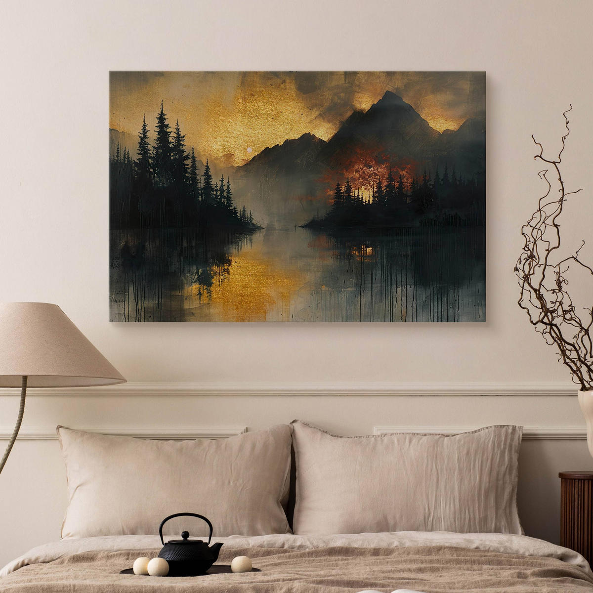 LEINWANDBILD Berge Wald Landschaft Glamour Stil 30x20 cm - Beige/Schwarz, Textil (30/20cm) - Muralo