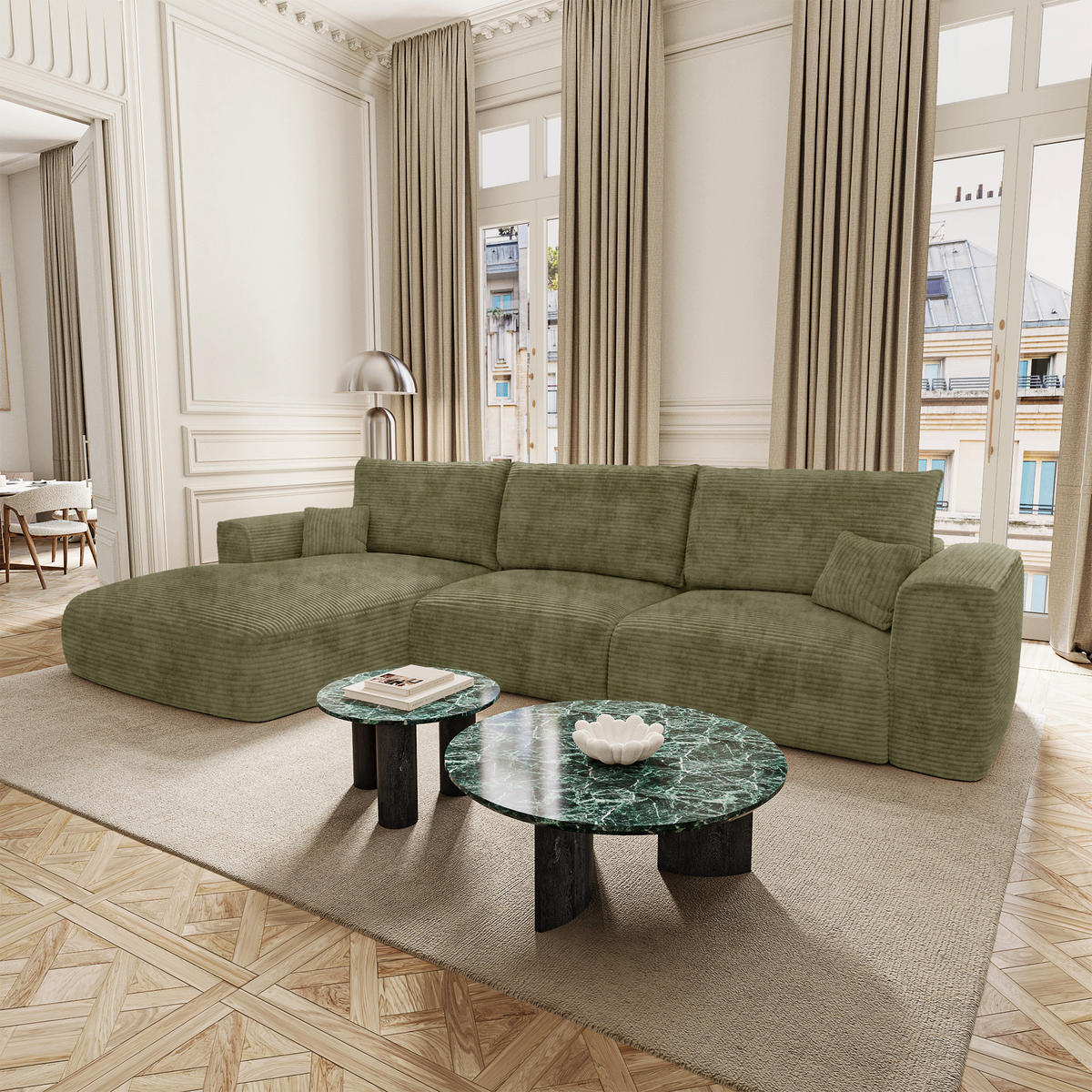 LINKSECK-SCHLAFSOFA mit Stauraum COMO Cord Olivgrün 297cm - Olivgrün/Grün, Textil (297/167cm) - Premium Interiors