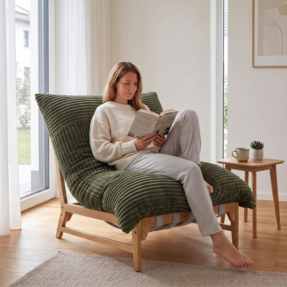 XXL-SESSEL Cord mit Holzrahmen, Breites Kissen, Grün - Grün, Holz/Textil (117/94/114cm) - LVHOM
