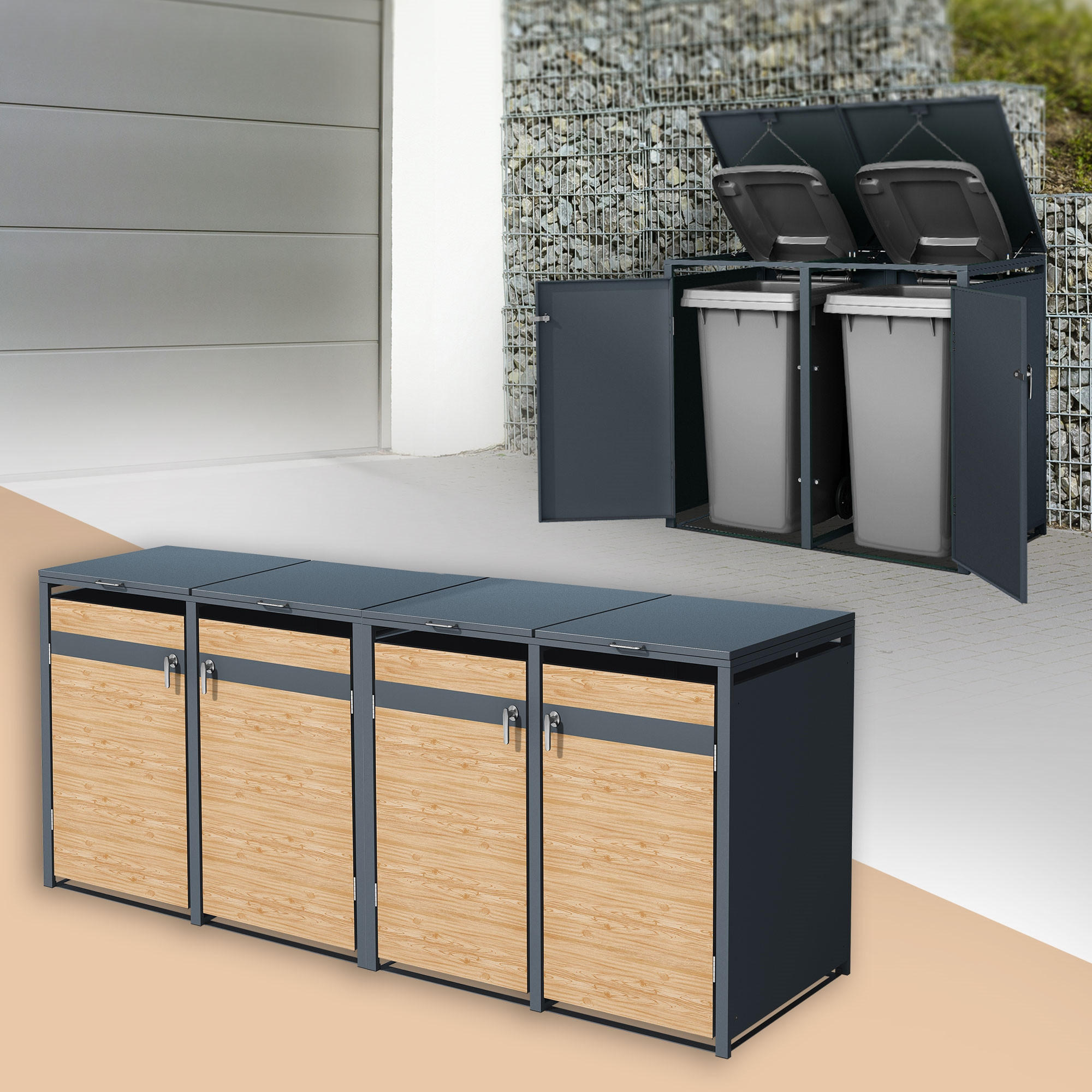 MÜLLTONNENBOX 4er Anthrazit-Lärchenoptik - Hellbraun, Metall (80/116.3/264cm) - ML-DESIGN