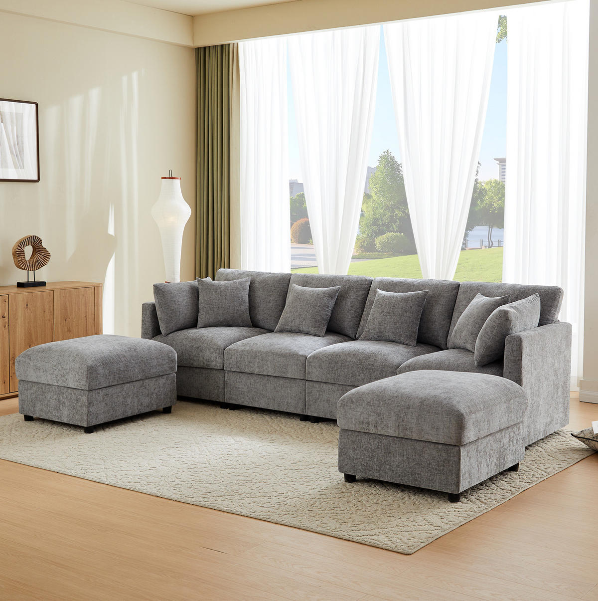 MODULARES Ecksofa 284/156,5/86 cm aus Chenille mit verstellbaren Armlehnen Grau - Grau, Textil (156.5/284cm) - Modenvie