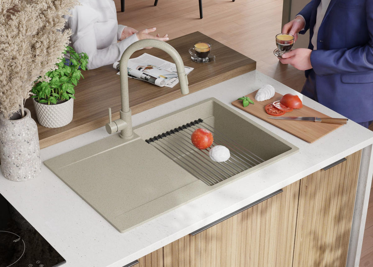 SPÜLBECKEN San Francisco, 2-er set Beige 78/50 cm 1 Becken + Ablauf-Set + Aufrollbare Abtropffläche ab 50er Unterschrank - Chromfarben/Beige, Kunststoff (78/20/50cm) - Primagran