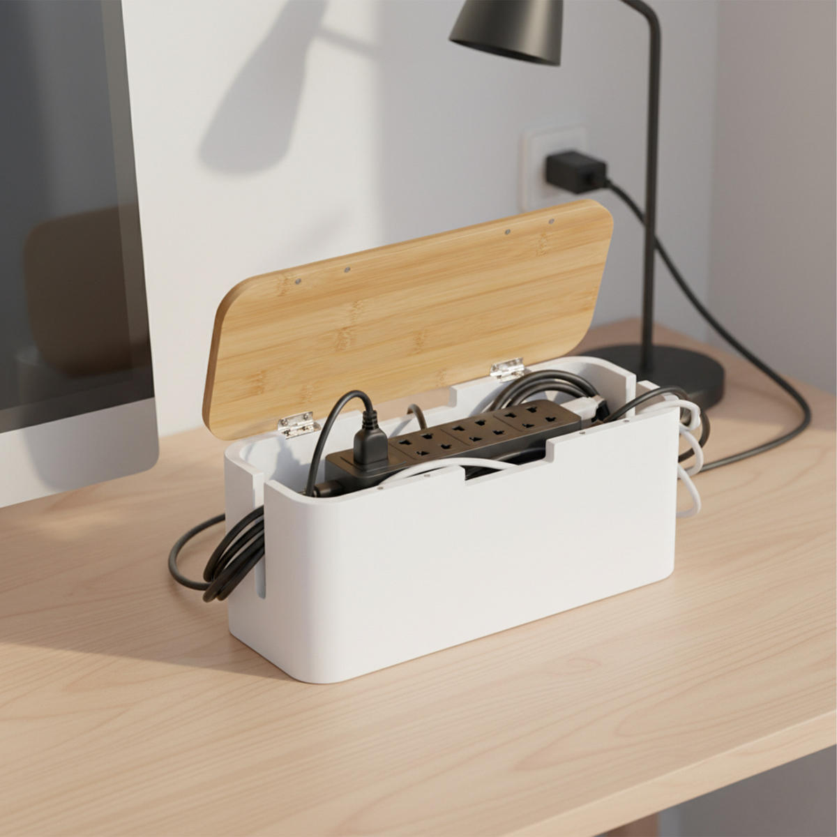 CUTIE naturală albă bambus pentru cabluri capac magnetic - alb, lemn/metal (11/34/14.5cm) - Relaxdays