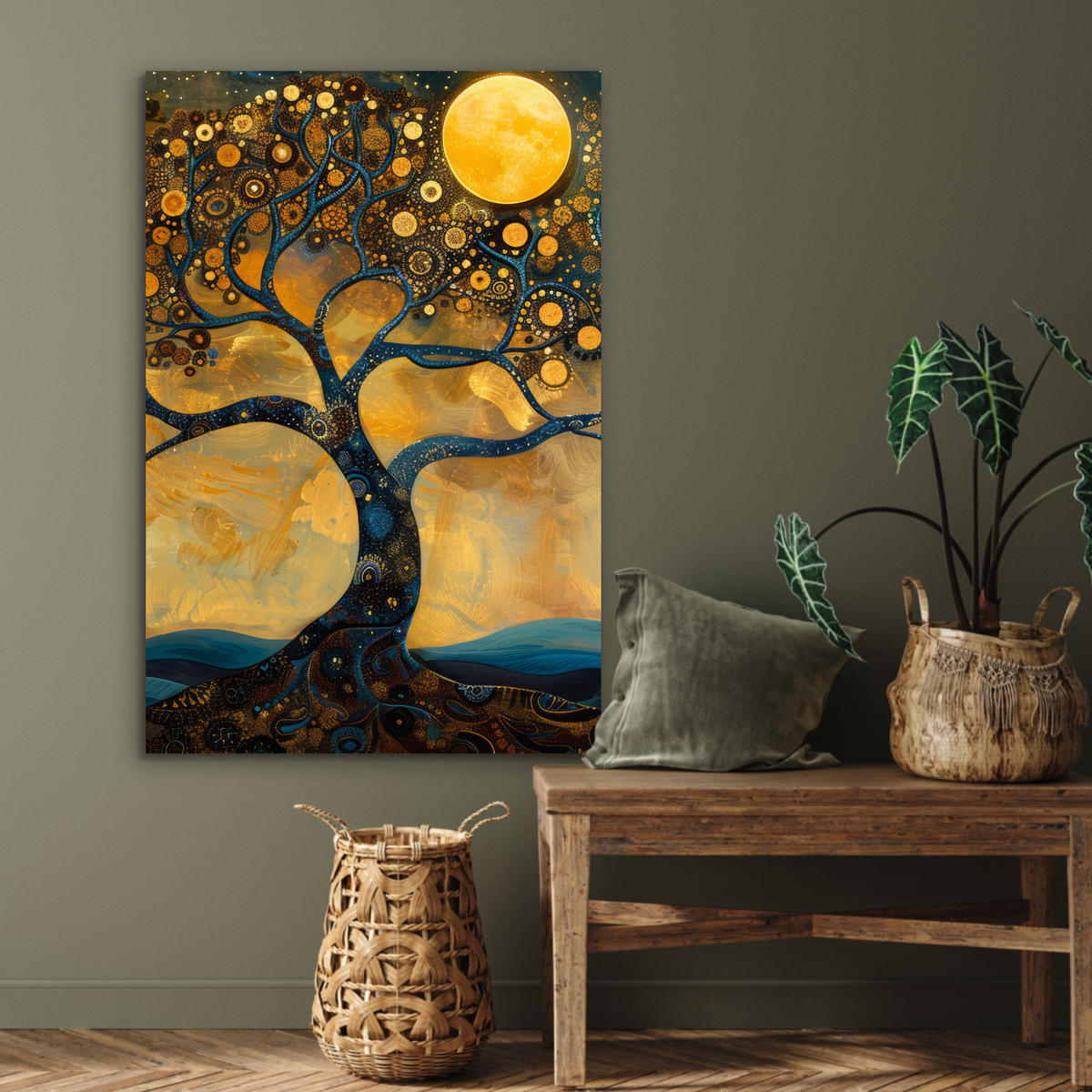 METALLBILD Baum - Mond - Blumen - Gold - Kunst 60x90 cm - Orange, Metall (60/90cm) - MuchoWow