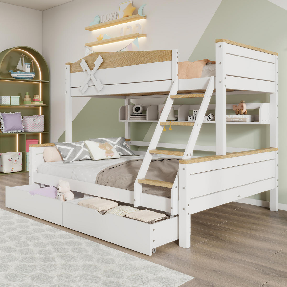 ETAGENBETT 90/200 cm mit Windmühle Weiß+Natur aus Kiefer und MDF mit Regalen und Schubladen - Weiß, Holzwerkstoff (90/200cm) - OKWISH