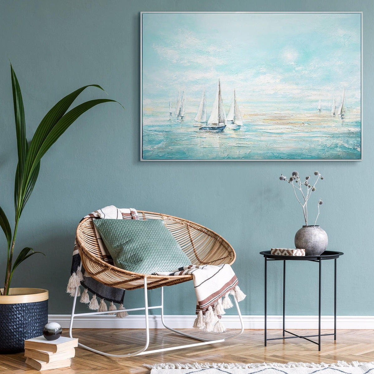 GEMÄLDE Meeresblau Schattenfugenrahmen Weiß 120x80 cm - Weiß, Holz (120/80cm) - YS-art gallery