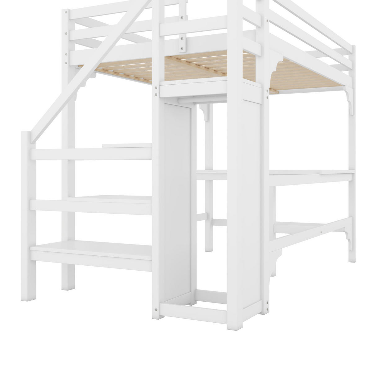 HOCHBETT aus Kiefernholz und MDF 140x200 cm Weiß mit L-Schreibtisch, offenem Kleiderschrank und Stauraumtreppe - Weiß, Holzwerkstoff (140/200cm) - IVMEU