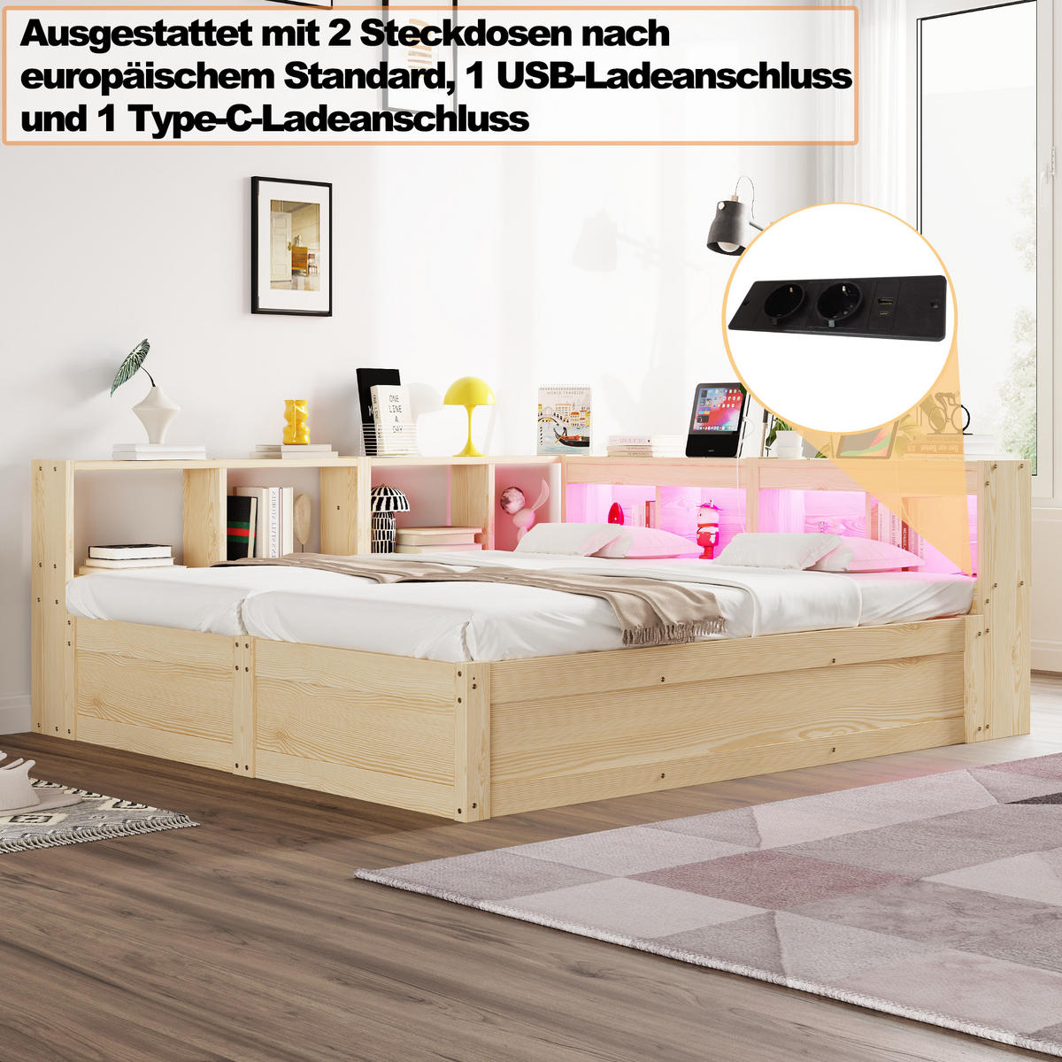 SCHLAFSOFA 90x200cm LED Stauraum Steckdose Holzbett Holz - Naturfarben, Holzwerkstoff (180/200cm) - FLIEKS