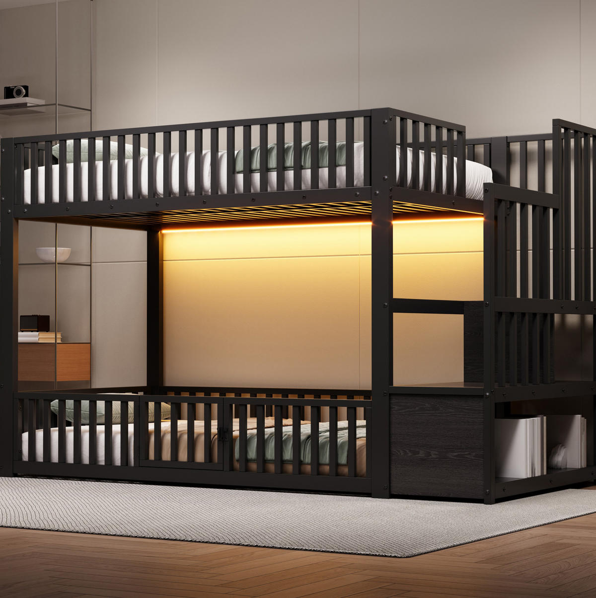 ETAGENBETT 90/200 cm mit LED-Beleuchtung, Stauraumleiter und Schutzgitter, Metall & MDF, Schwarz - Schwarz, Holzwerkstoff (90/200cm) - Redom