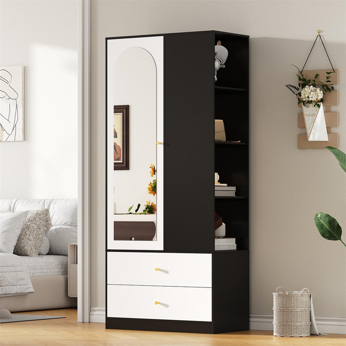 KLEIDERSCHRANK mit Spiegel und einer Tür - 2 Schubladen & 4 Fächern - 80x40x180 cm - Weiß & Schwarz - Schwarz, Holzwerkstoff (80/180/40cm) - DELFA