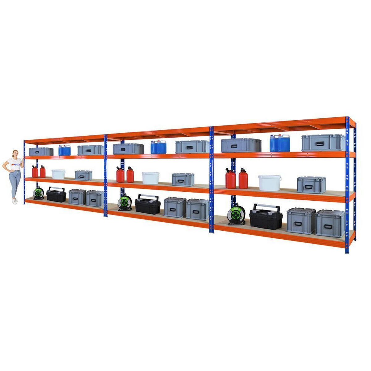 SCHWERLASTREGAL 3er-Set Rhino 180x240x60cm 4 Spanplatten-Ebenen 8mm Fachlast 450kg Blau/Orange - Orange, Metall (720/180/60cm) - PROREGAL