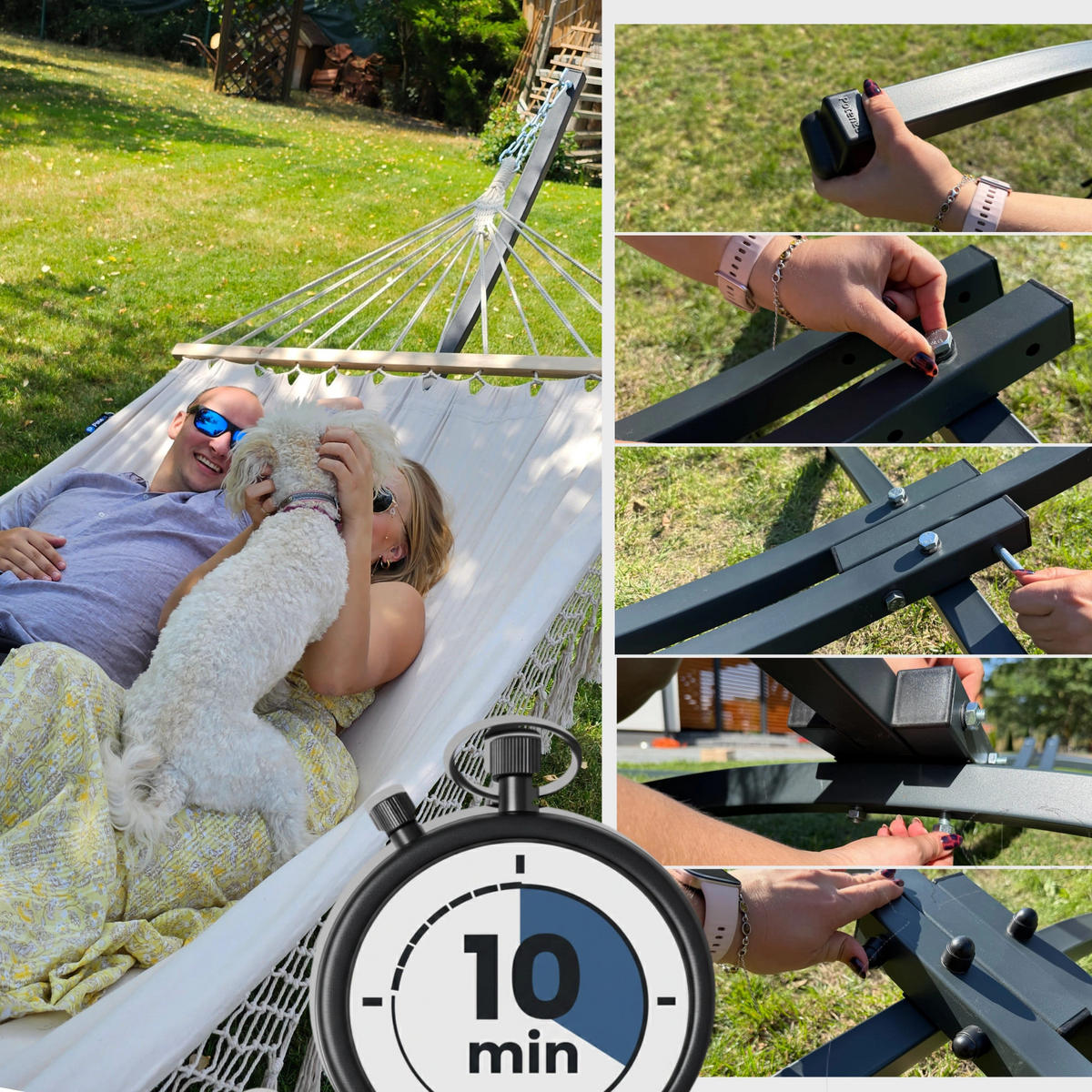 HÄNGEMATTE mit Gestell, 2 Personen, Stabhängematte, XXL, 200 kg, Metall, Braun, einfache Montage - Braun, Metall (370/130/120cm) - Potenza