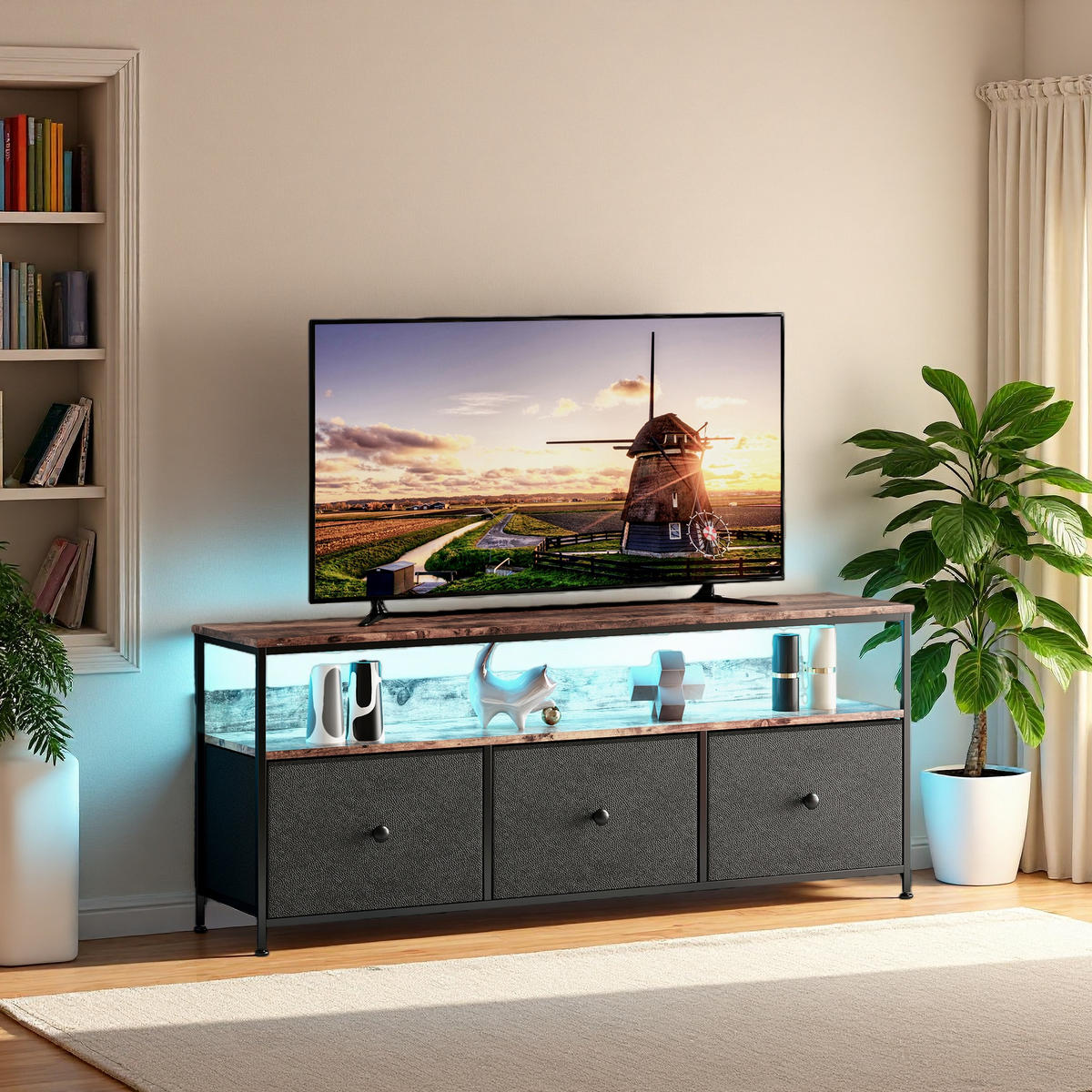 LOWBOARD mit LED-Beleuchtung, 108x29.8x57 cm, mit drei Schubladen, Stoffmaterial - Schwarz, Metall (29.8/57/108cm) - WoodenAura