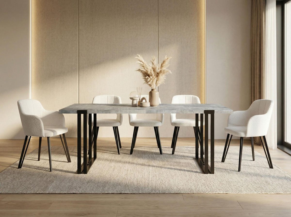 ESSTISCH Marco rechteckig ausziehbar, Grauer Beton 120-220/80/76 cm - Hellgrau/Schwarz, Holzwerkstoff/Metall (120/80/76cm) - WFL GROUP