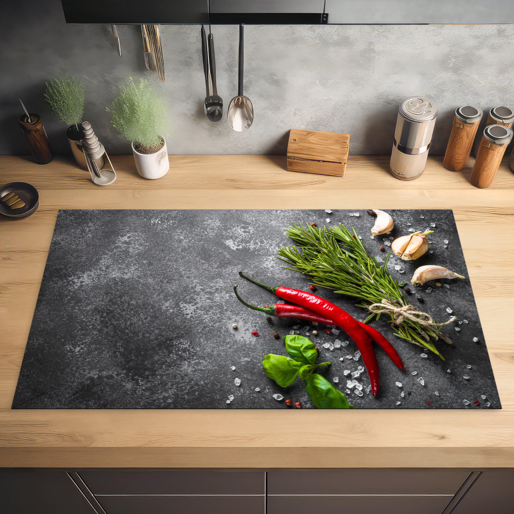 HERDABDECKPLATTE Pfeffer - Kräuter - Gewürze - Beton 90x52 cm - Rot, Kunststoff (90/0.2/52cm) - MuchoWow