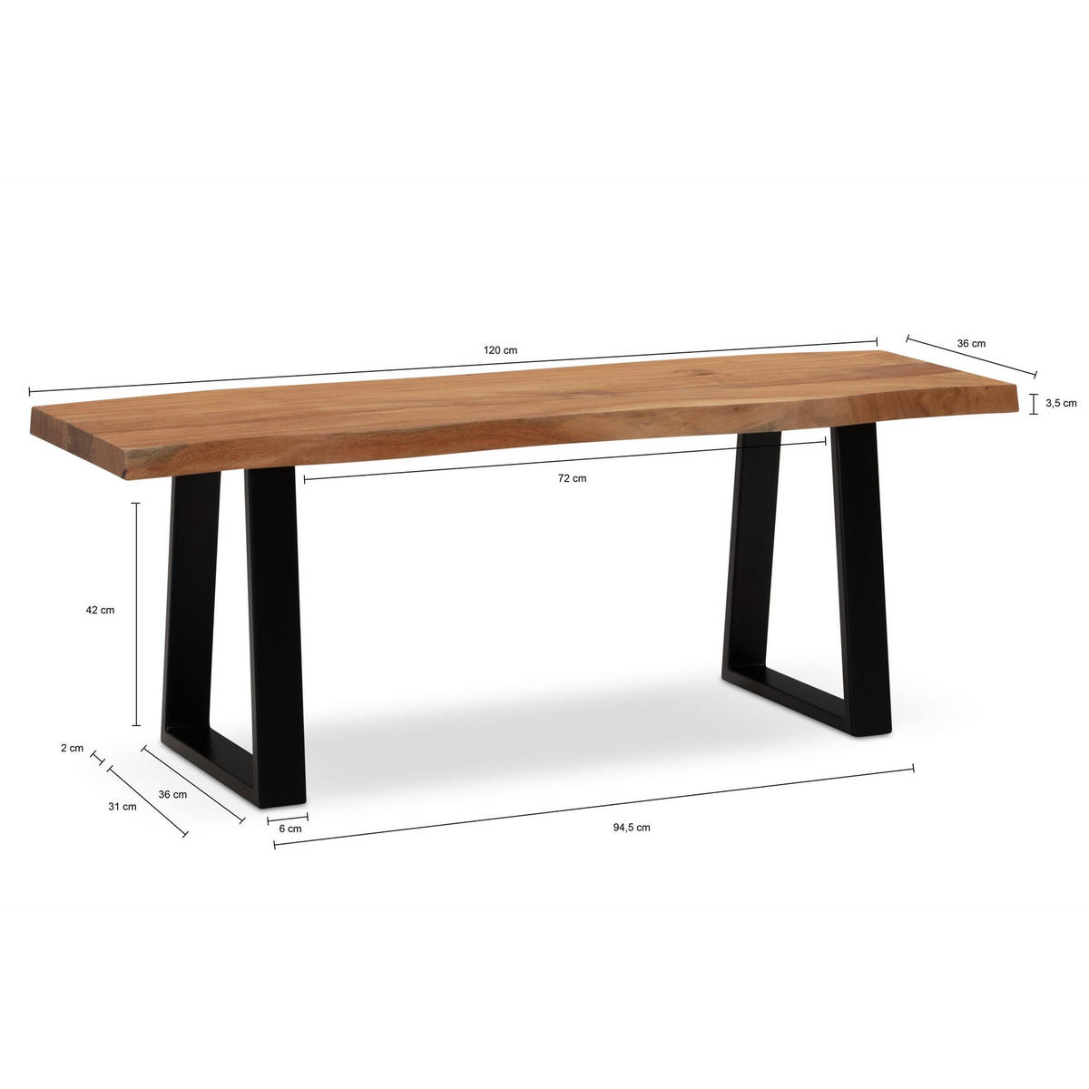 GARDEROBENBANK Massivholz Metall Baumkante, Akazie-Schwarz 120x40x46 cm - Schwarz/Braun, Holz/Metall (120/46/40cm) - KADIMA DESIGN