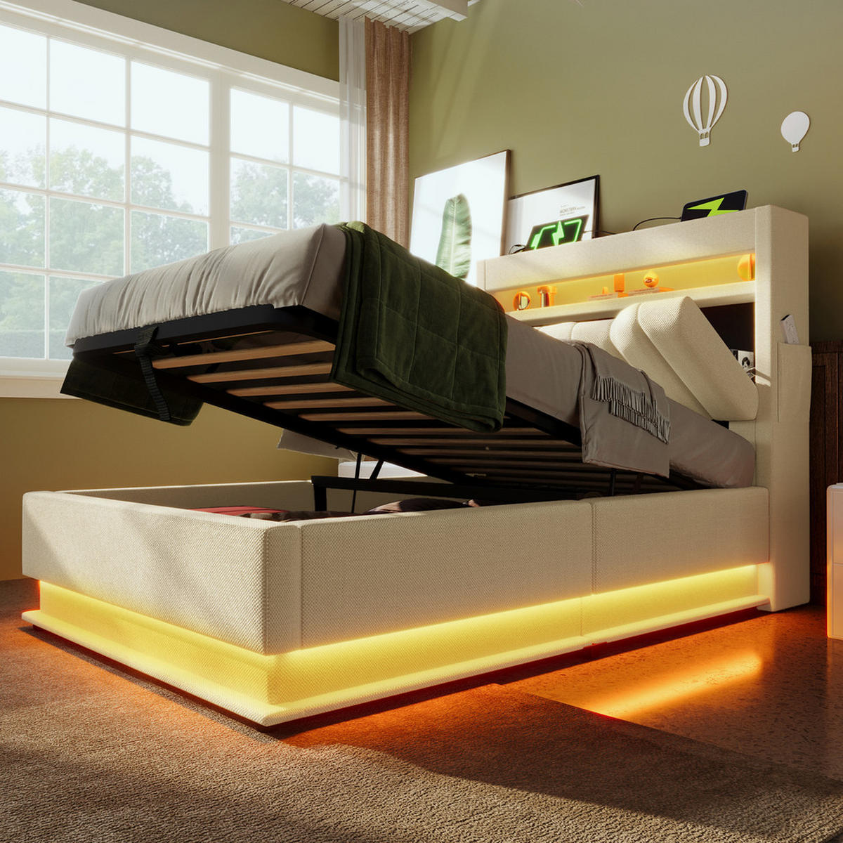POLSTER EINZELBETT 90x200cm mit USB-C LED Beleuchtung & Hydraulik Beige - Beige, Holz (90/200cm) - FLIEKS