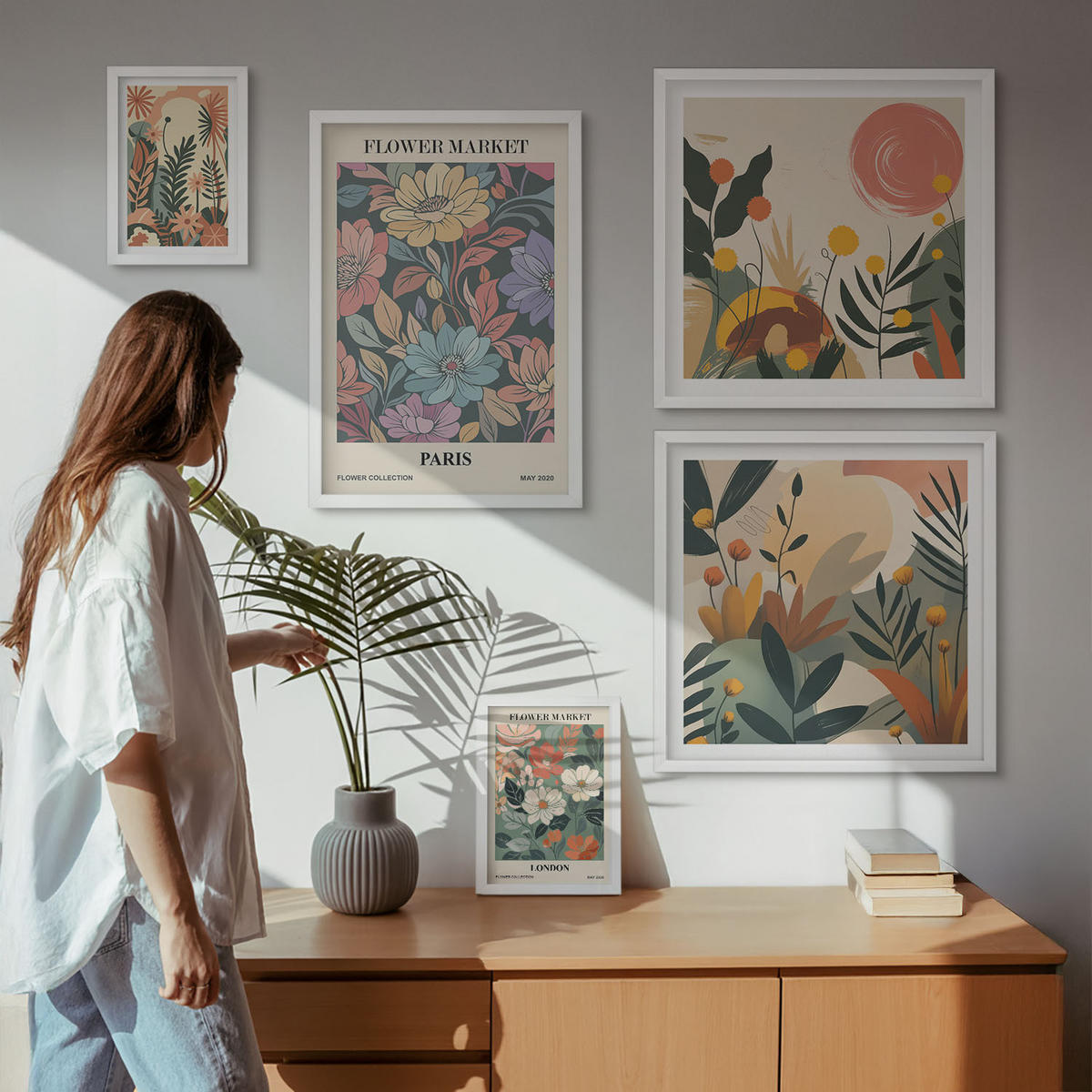 BILDER SET 5er Set - 50x50 cm & 20x30 cm & 40x60 cm Weißer Rahmen - Blumenposter Weinstadt - Weiß, Kunststoff (40/60cm) - TULUP