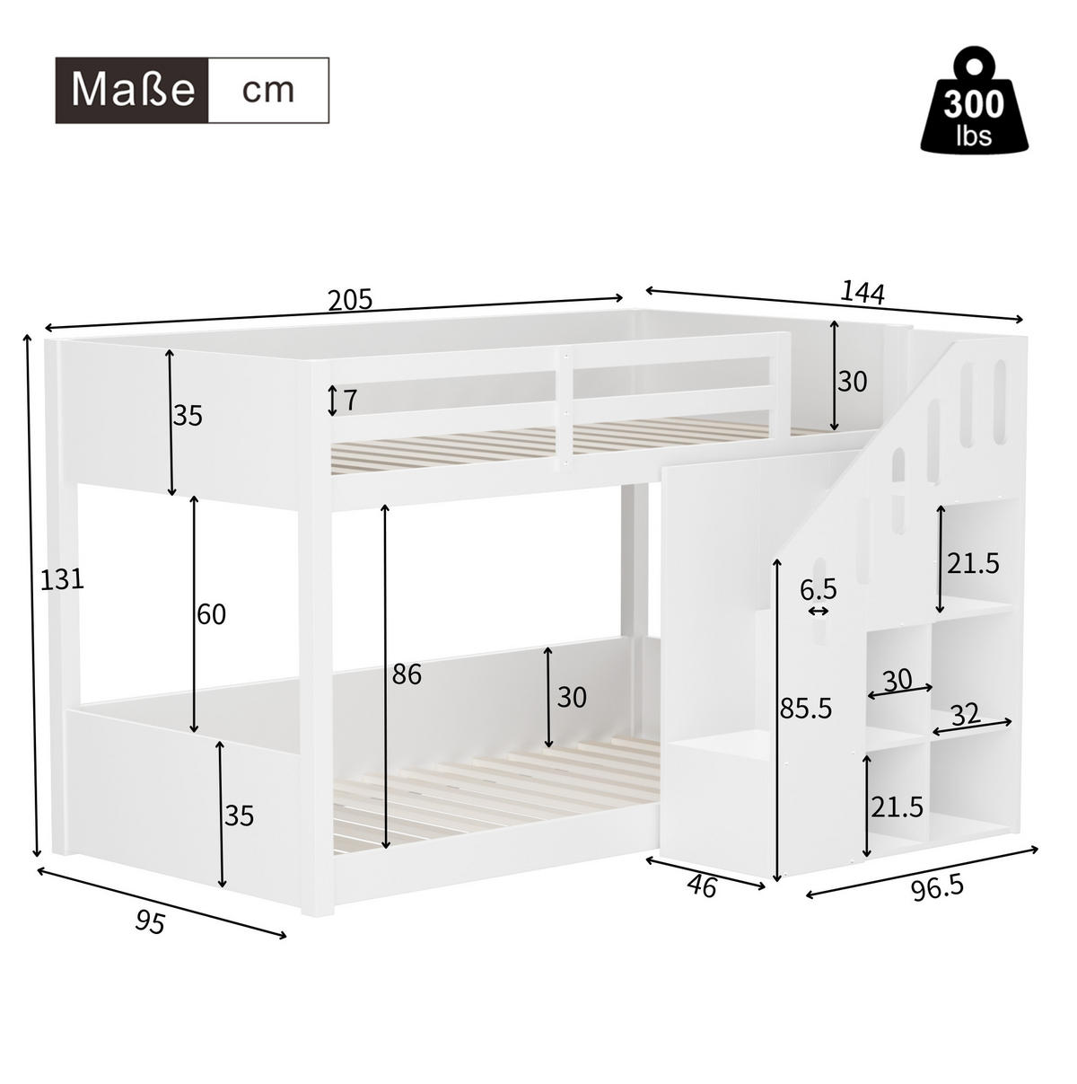ETAGENBETT 90/200 cm mit Stauraumtreppe und Schließfächern, stabilem Geländer, Massivholz, Weiß - Weiß, Holz (90/200cm) - Redom
