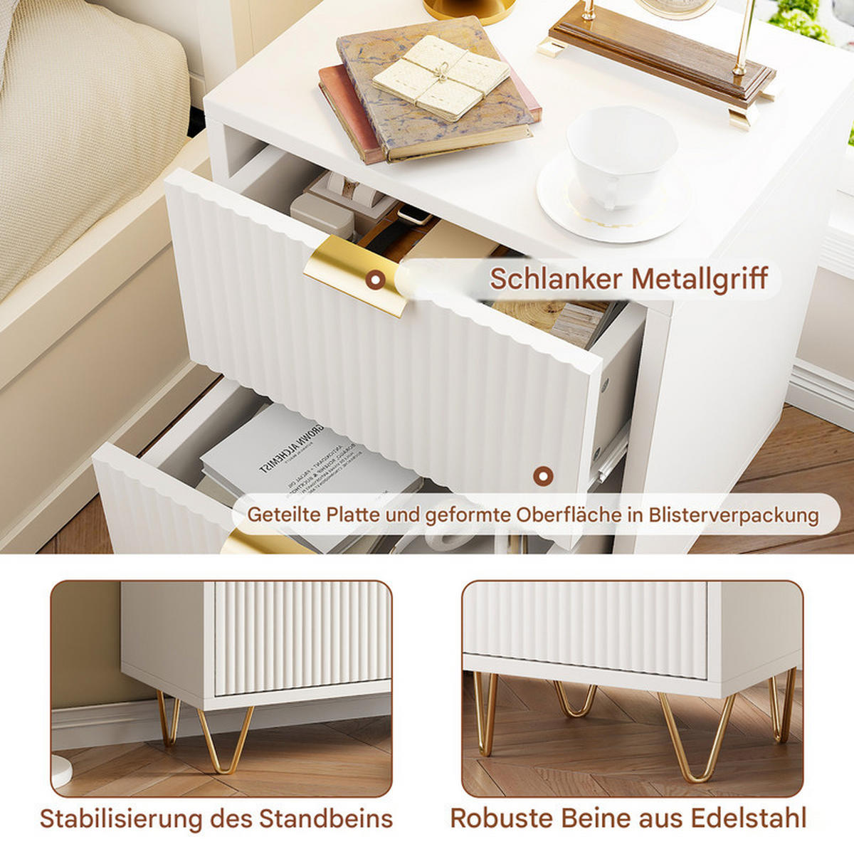 NATTDUKSBORD Vitt med vågformade fronter och 2 lådor (Set om 2) - Vit, Träbaserade material (40/55/40cm) - SHOPENTRA
